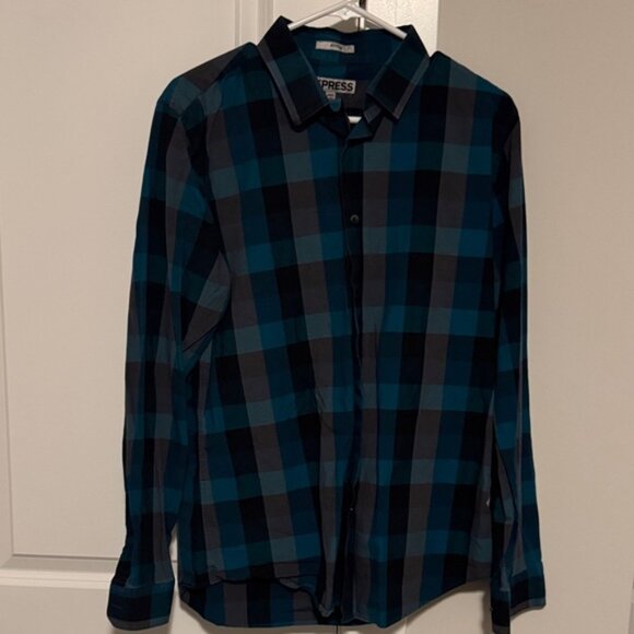 Express Men's Casual Plaid Shirts - Teal and Navy - Picture 2 of 8